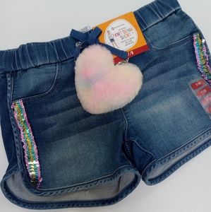 NWT Cute Girls Jeans Shorts w Glitzy Strip on Sides, w Fluffy Heart Key Holder